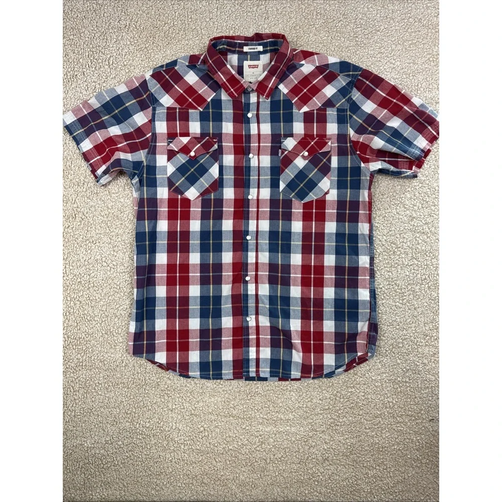 Levi's Flannel Plaid Pearl Snap Button Up Shirt Mens XL Red White Blue Standard